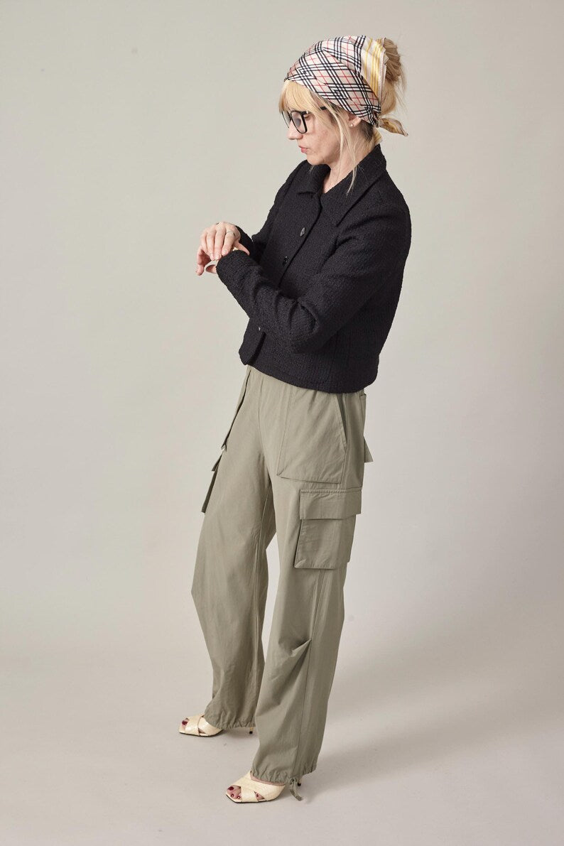 Chic Cargo Pants in Khaki Lightweight Wool, Elastic Waist, Modern Baggy Pants with Drawstring Toggle Hem, More Color Option