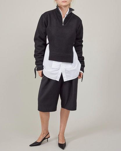 Black Wool Jacket for Women - Fall and Spring Outerwear, Pullover Coat Deconstructed Cape Design with High Collar in Boiled Wool or Cashmere