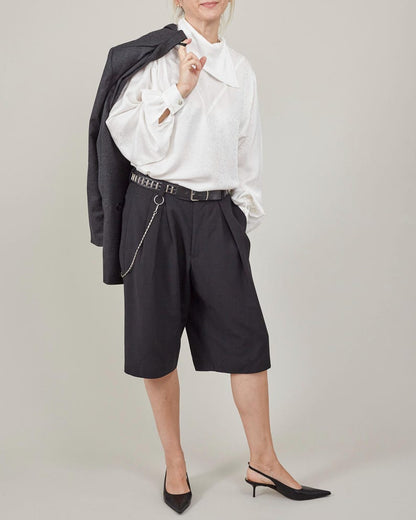 Handmade Black 100% Wool Bermuda Pants for Women, Mid Rise, Pleated Loose Short Pants for Fall, Winter, Spring, Baggy Tailored Shorts