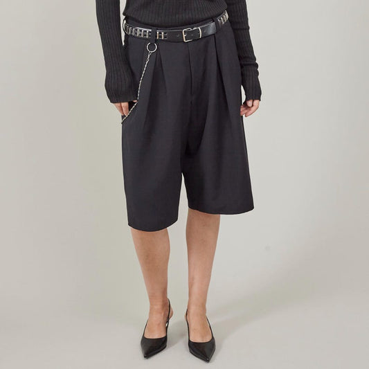 Handmade Black 100% Wool Bermuda Pants for Women, Mid Rise, Pleated Loose Short Pants for Fall, Winter, Spring, Baggy Tailored Shorts