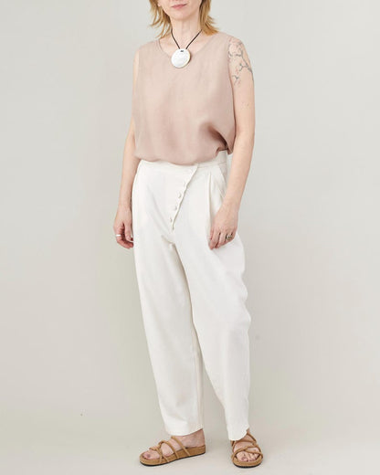 Handmade 100% Silk Summer Pants, Asymmetric Wrap Design with High Waist, Pleats, and Tapered Ankle, White Casual Modern Trousers for Women