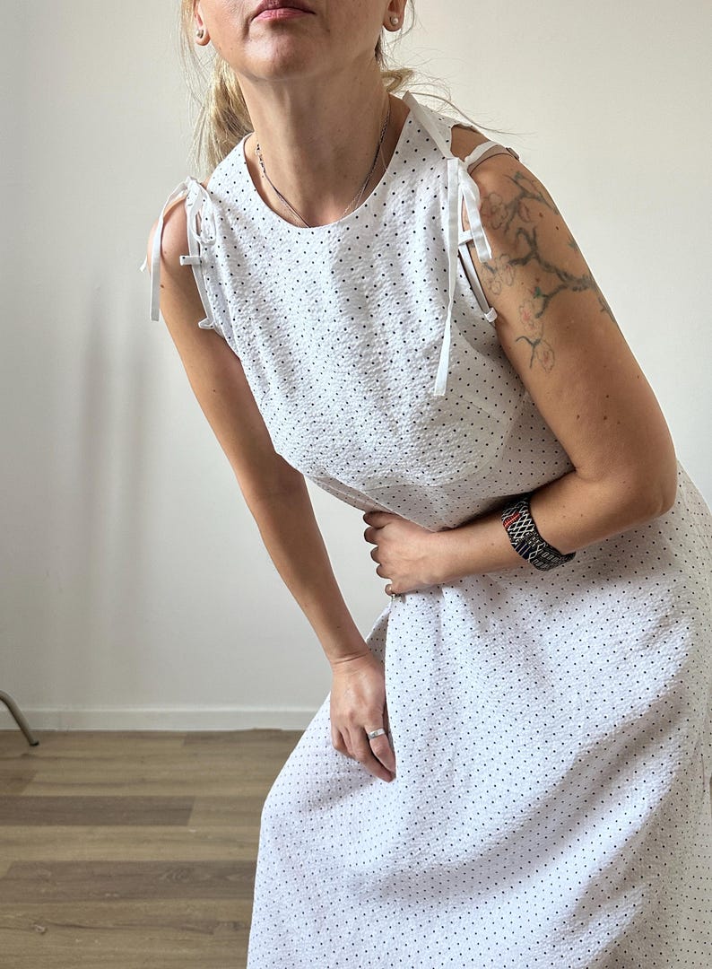 Linen Dress for Women, White Polka Dot Maxi Dress with Shoulder Ribbons, Versatile A-Line Shift Dress, Sleeveless Design