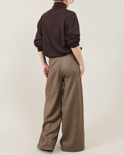 Wide-Leg Wool Pants for Women – High-Waist Pleated Tailored Trousers, Classic Elegant Palazzo in 100% Wool Tweed (Brown, Black, Grey)