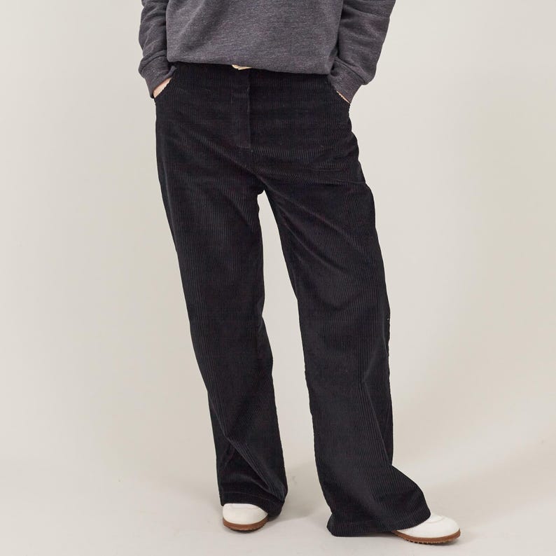 Black Corduroy Pants for Women – 100% Cotton, Loose Boot Cut, Slouchy Chic Fit, Versatile Casual Trousers for Fall to Spring in Custom Sizes