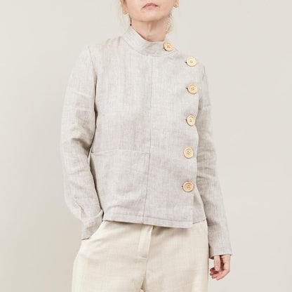 Linen Blouse for Women – Long Sleeve Asymmetrical Button-Up, Clean Minimalist Design, Mandarin Collar, Chic Weekend Jacket for Spring Summer