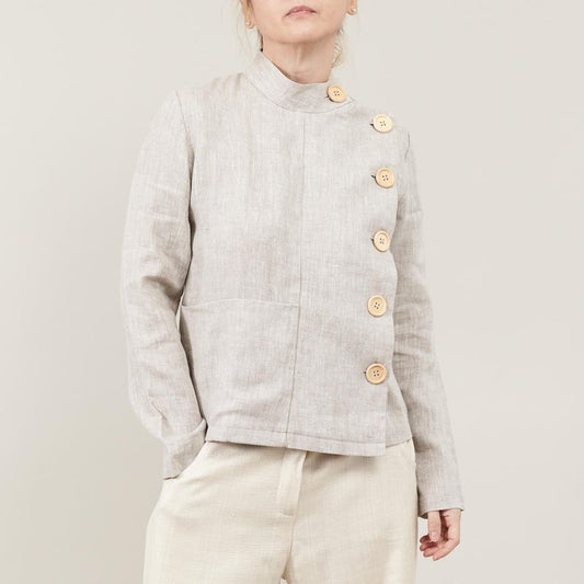 Linen Blouse for Women – Long Sleeve Asymmetrical Button-Up, Clean Minimalist Design, Mandarin Collar, Chic Weekend Jacket for Spring Summer