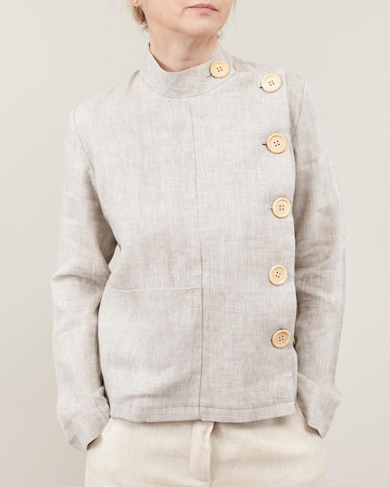 Linen Blouse for Women – Long Sleeve Asymmetrical Button-Up, Clean Minimalist Design, Mandarin Collar, Chic Weekend Jacket for Spring Summer