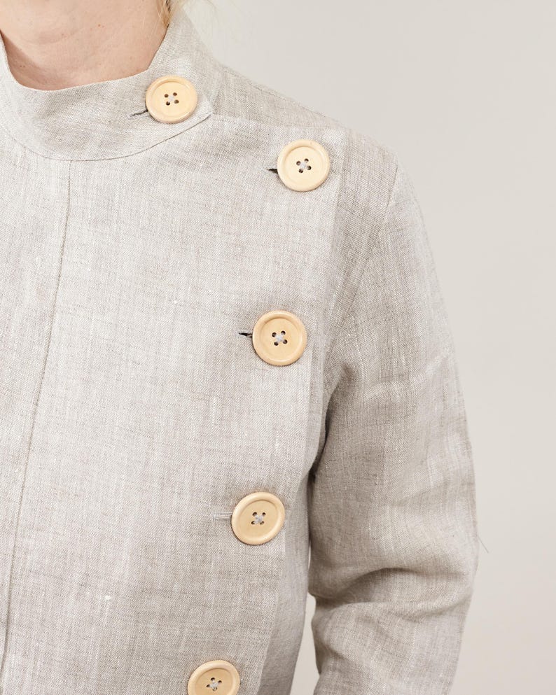Linen Blouse for Women – Long Sleeve Asymmetrical Button-Up, Clean Minimalist Design, Mandarin Collar, Chic Weekend Jacket for Spring Summer
