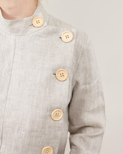 Linen Blouse for Women – Long Sleeve Asymmetrical Button-Up, Clean Minimalist Design, Mandarin Collar, Chic Weekend Jacket for Spring Summer