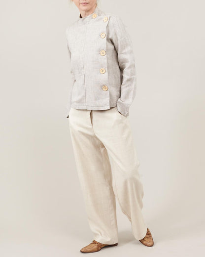Linen Blouse for Women – Long Sleeve Asymmetrical Button-Up, Clean Minimalist Design, Mandarin Collar, Chic Weekend Jacket for Spring Summer