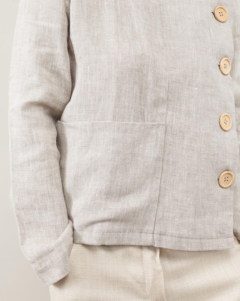 Linen Blouse for Women – Long Sleeve Asymmetrical Button-Up, Clean Minimalist Design, Mandarin Collar, Chic Weekend Jacket for Spring Summer