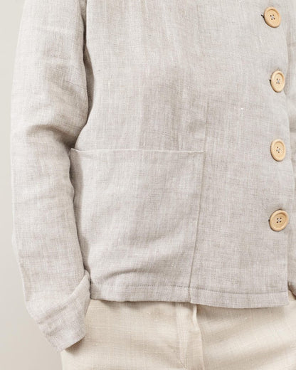 Linen Blouse for Women – Long Sleeve Asymmetrical Button-Up, Clean Minimalist Design, Mandarin Collar, Chic Weekend Jacket for Spring Summer