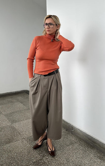 Cropped Wool Pants for Women, Tapered Wide-Leg Barrel Trousers, Custom Fit in Neutral Greige, Loose Tailored Pants for Spring Fall