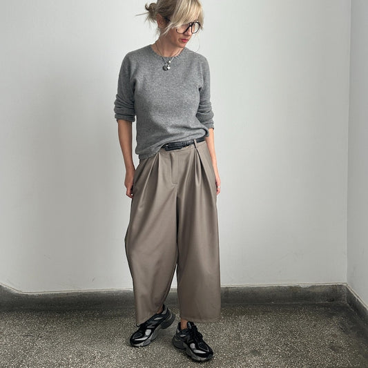 Cropped Wool Pants for Women, Tapered Wide-Leg Barrel Trousers, Custom Fit in Neutral Greige, Loose Tailored Pants for Spring Fall