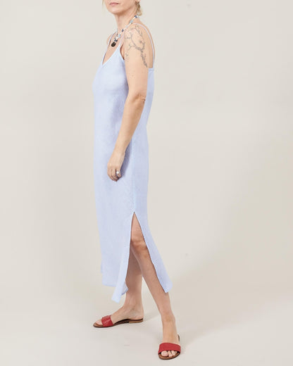 Striped Linen Dress for Summer Days at the Beach | Bias Cut Slip Dress in Light Blue