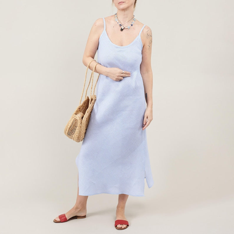 Striped Linen Dress for Summer Days at the Beach | Bias Cut Slip Dress in Light Blue