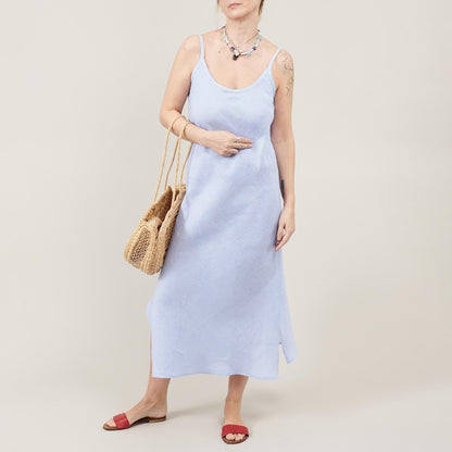 Striped Linen Dress for Summer Days at the Beach | Bias Cut Slip Dress in Light Blue