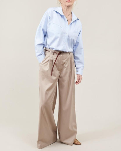 Blue Shirt for Women – Elegant Long Sleeve Premium Cotton Blouse, Drop Shoulder Relaxed Fit, Retro Chic Work Top in Light Shades or Stripes