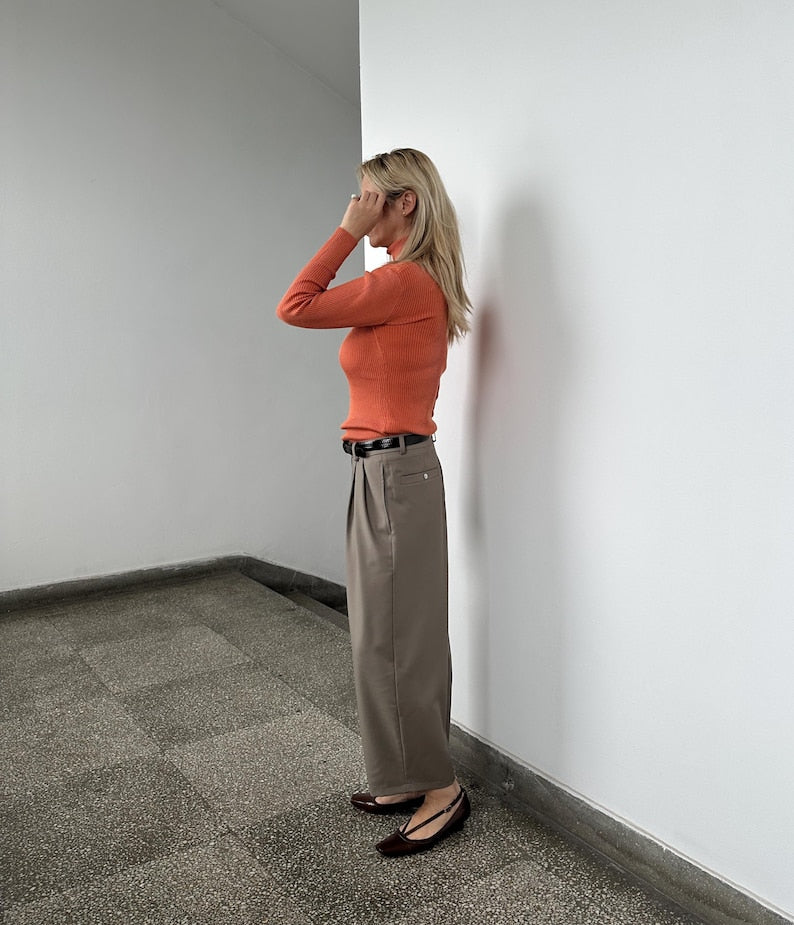 Cropped Wool Pants for Women, Tapered Wide-Leg Barrel Trousers, Custom Fit in Neutral Greige, Loose Tailored Pants for Spring Fall
