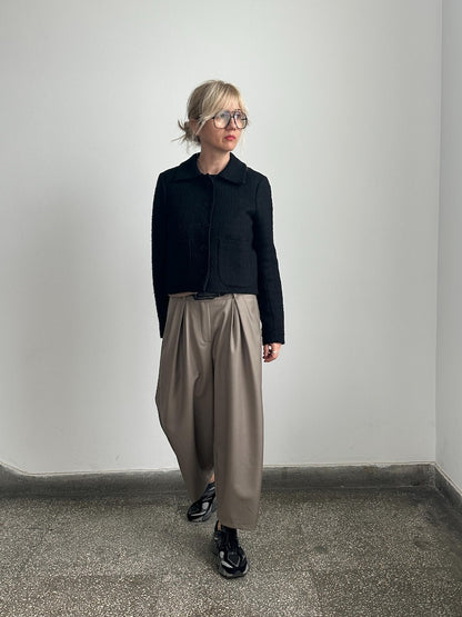 Cropped Wool Pants for Women, Tapered Wide-Leg Barrel Trousers, Custom Fit in Neutral Greige, Loose Tailored Pants for Spring Fall