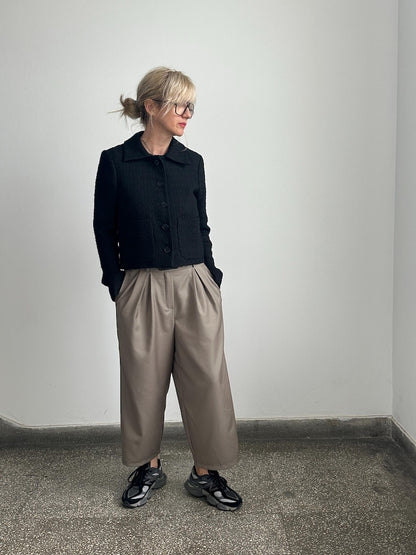 Cropped Wool Pants for Women, Tapered Wide-Leg Barrel Trousers, Custom Fit in Neutral Greige, Loose Tailored Pants for Spring Fall
