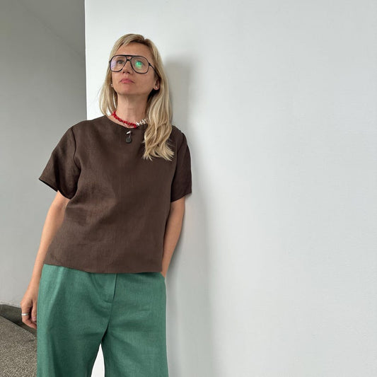 Brown Linen Top for Summer | Minimalist Short Sleeve Blouse | Chic Linen T-Shirts in Neutral Shades for Capsule Wardrobes