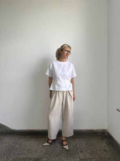 White Linen Blouse for Chic Summer Outfits | Feminine Peplum Top with Short Sleeve
