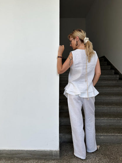 White Linen Pants for Women | Wide Leg Trousers with Skirt Overlay