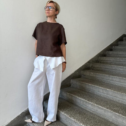 White Linen Pants for Women | Wide Leg Trousers with Skirt Overlay
