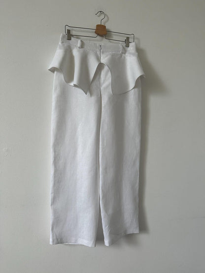 White Linen Pants for Women | Wide Leg Trousers with Skirt Overlay