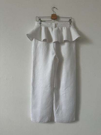 White Linen Pants for Women | Wide Leg Trousers with Skirt Overlay