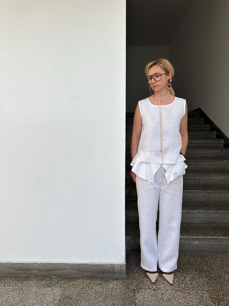 White Linen Pants for Women | Wide Leg Trousers with Skirt Overlay