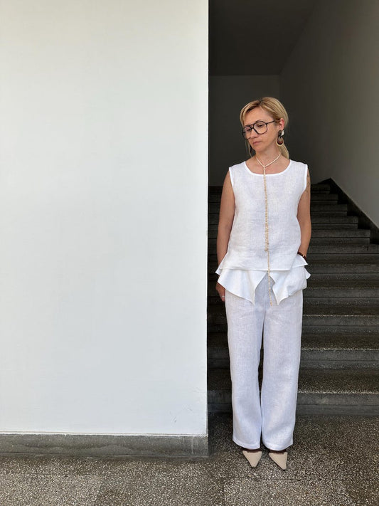 White Linen Pants for Women | Wide Leg Trousers with Skirt Overlay
