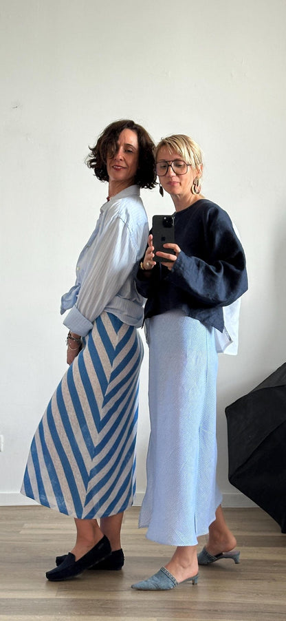 Breezy Jersey Linen Beach Dress | Blue and White Stripes, Bias Cut Slip Dress for Summer