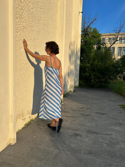 Breezy Jersey Linen Beach Dress | Blue and White Stripes, Bias Cut Slip Dress for Summer
