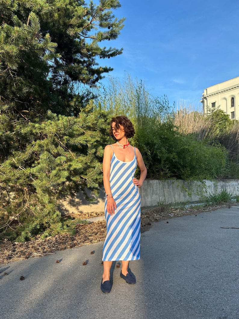 Breezy Jersey Linen Beach Dress | Blue and White Stripes, Bias Cut Slip Dress for Summer
