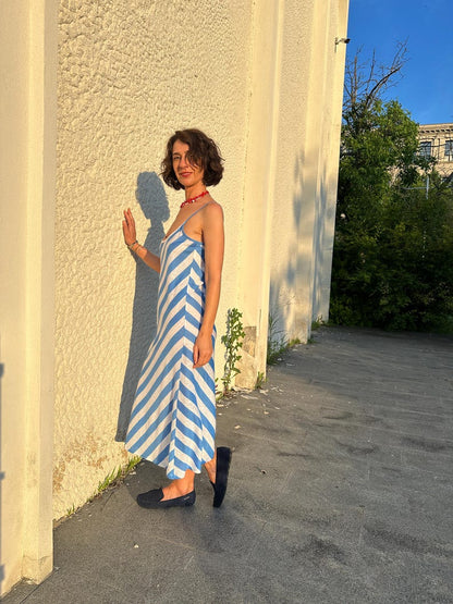 Breezy Jersey Linen Beach Dress | Blue and White Stripes, Bias Cut Slip Dress for Summer