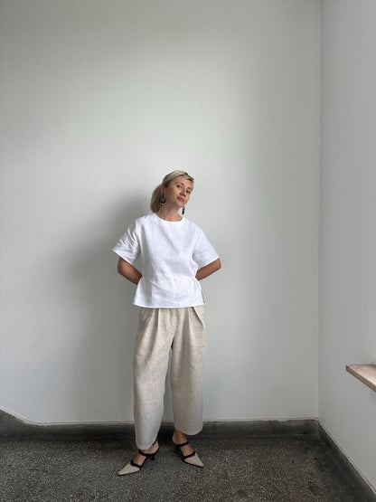 White Linen Blouse for Chic Summer Outfits | Feminine Peplum Top with Short Sleeve