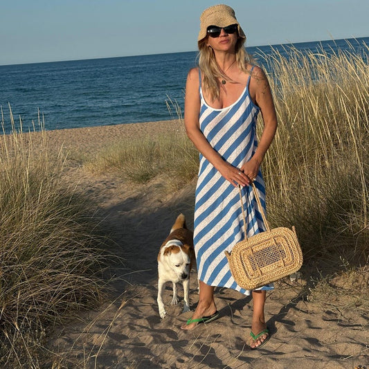 Breezy Jersey Linen Beach Dress | Blue and White Stripes, Bias Cut Slip Dress for Summer