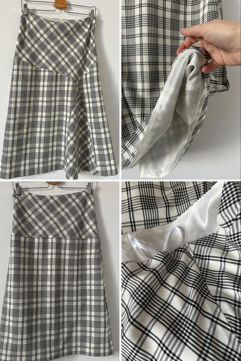 Collage of a plaid skirt with close-ups of fabric texture and pattern.