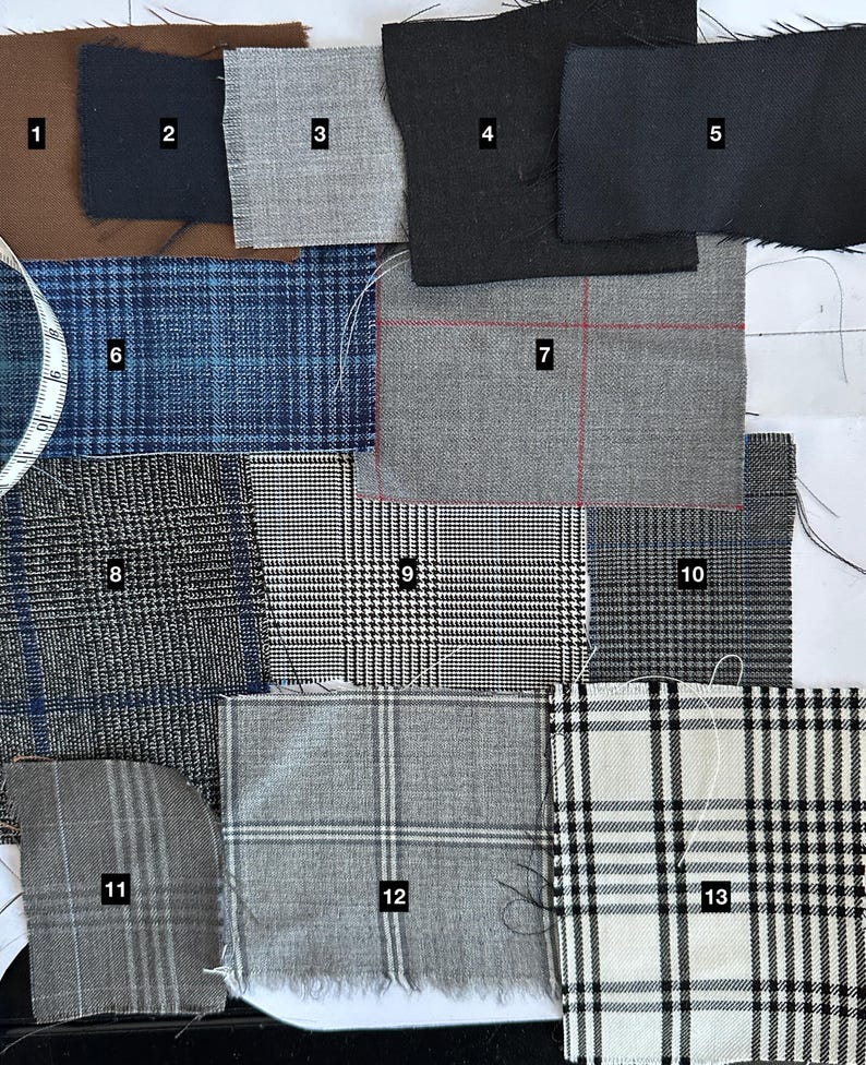 Collection of fabric swatches with various patterns and colors on a white background.