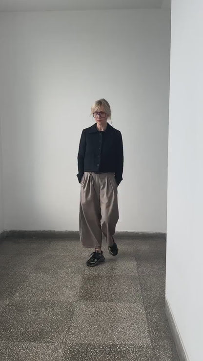 Cropped Wool Pants for Women, Tapered Wide-Leg Barrel Trousers, Custom Fit in Neutral Greige, Loose Tailored Pants for Spring Fall