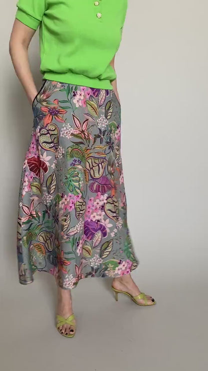 Linen Midi Skirt, Colorful Floral Print Summer Skirt, High Waist Linen Skirt with Pockets, Lightweight Vacation Skirt FTN74_111LIN
