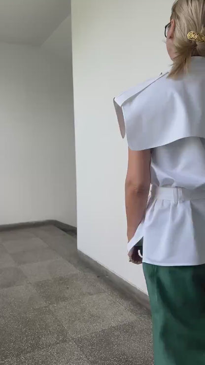 Chic Sleeveless Shirt for Work | Modern Safari Blouse with Tie Waist and Statement Oversized Collar | Elegant Summer Top