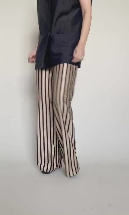 Chic Silk Jersey Fit and Flare Pants for Women, Beige & Black Stripes, Elastic Waist - Flowy Summer Pants