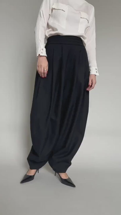 Elegant Genie Pants in Black 100% Wool, Pleated High Waist, Balloon Leg Tailored Trousers for Spring - Fall