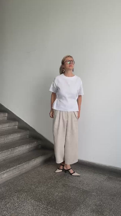 White Linen Blouse for Chic Summer Outfits | Feminine Peplum Top with Short Sleeve