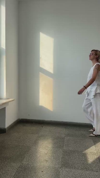 White Linen Pants for Women | Wide Leg Trousers with Skirt Overlay