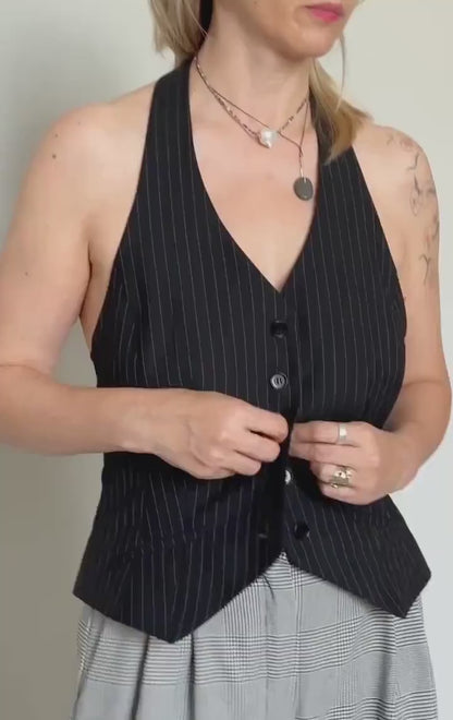Pinstripe Tailored Vest for Women, with Open Back and Adjustable Waist | Black Wool Halter Waistcoat, Part of a Casual Two Piece Set
