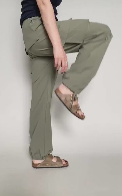Chic Cargo Pants in Khaki Lightweight Wool, Elastic Waist, Modern Baggy Pants with Drawstring Toggle Hem, More Color Option
